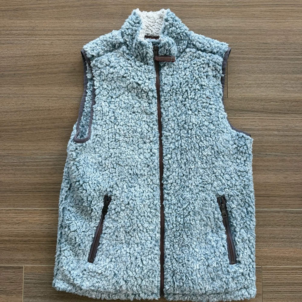 True Grit Light Blue Sherpa Vest with Brown Trim NWT